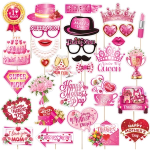 25-piece Mother's Day photo booth props set with pink and gold party accessories