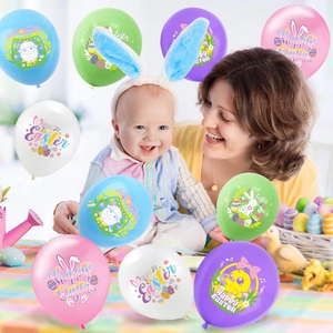 Colorful Easter latex balloons with Happy Easter prints and rabbit motifs for party decor