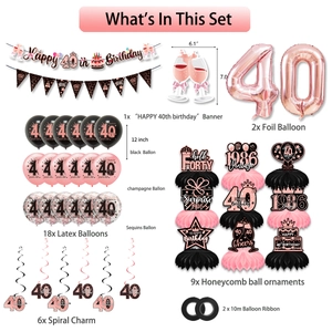 Kit decorazioni 40 compleanno rosa e nero con striscione palloncini e centrotavola a nido