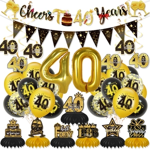 Detailliertes Set aus schwarz-goldenen Dekoartikeln zum 40. Geburtstag mit Luftballons