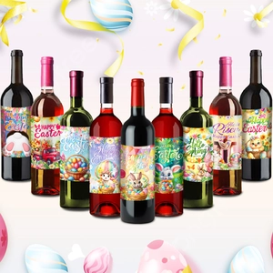 Set of 9 Easter wine bottle stickers with colorful bunnies, eggs and spring patterns