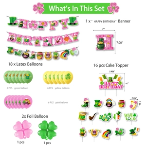 Detailed St. Patrick's Day party kit including green balloons and lucky clover banners
