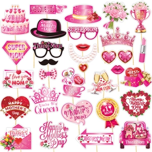 30Pcs Mother's Day Photo Booth Props Set Cardstock Happy Mother's Day Slogans For Family Party Decoration Pink Floral Props