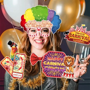 Carnival circus photo booth props with clown glasses and animal masks for party fun
