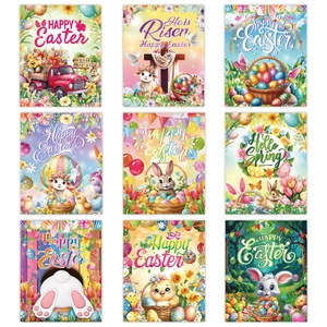 Set of 9 colorful Easter wine bottle stickers featuring bunnies, eggs, and floral patterns
