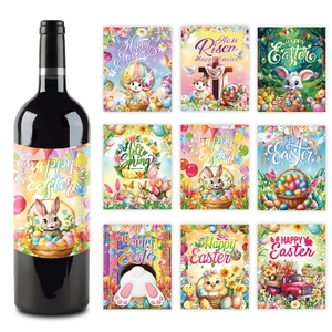 Easter Wine Bottle Stickers Happy Easter Removable Adhesive Labels For Party Decorations Bunny Egg Floral Patterns Bottle Decor
