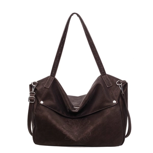 Retro brown large tote bag with embossed daisy pattern and wide shoulder strap