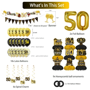 Detaillierte Ansicht des 50. Geburtstag-Sets mit Cheers-Banner und goldenen Luftballons