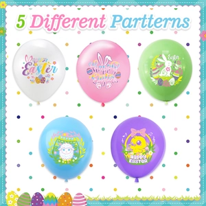 Five assorted Easter latex balloons in pastel colors with cartoon rabbit and egg prints