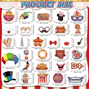 Size chart showing 25 circus carnival photo booth props with precise dimensions