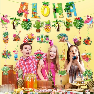 Hawaiian ALOHA party decoration set with tropical banners, flamingos, and tiki swirls