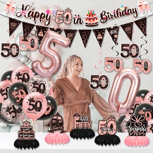 Dettagli set 50 compleanno oro rosa con palloncini, banner e decori da tavola
