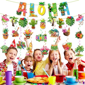 Colorful Hawaiian Aloha party banners and tropical spiral decorations with flamingos and pineapples