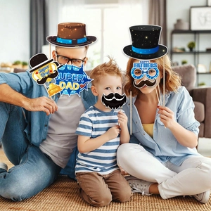 Father's Day photo booth props set featuring Super Dad trophies and funny beard cutouts