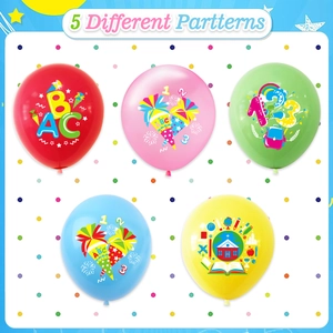 5 German Back to School party balloons with colorful ABC patterns and school elements
