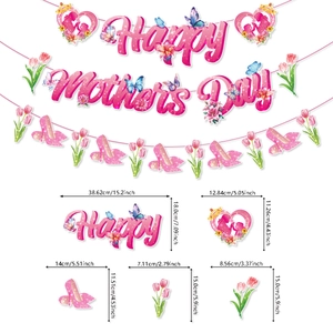Pink Happy Mother's Day party banner set with heart and tulip charms for home decoration