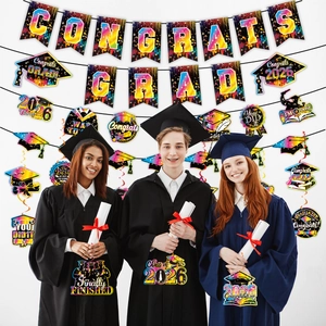 2026 graduation party decor set with Congrats Grad banner and colorful hanging swirls