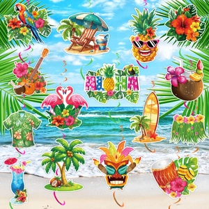 Close-up of tropical Hawaii party decorations featuring flamingo and aloha beach motifs