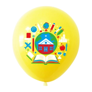 Detail of yellow back to school latex balloon with colorful educational icons and globe
