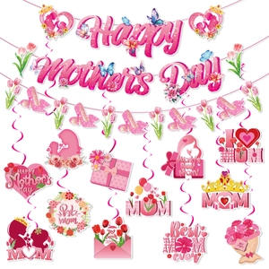Happy Mother's Day Party Decoration Set Pink Flower Heart High Heels Spiral Hanging Ornaments Banner World's Best Mom Celebration Supplies