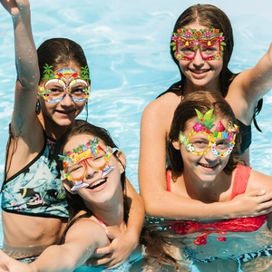 Occhiali di carta divertenti per festa hawaiana con disegni di ananas e palme per la spiaggia