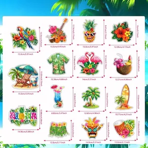 Hawaiian party hanging swirl decorations product size chart with various tropical designs