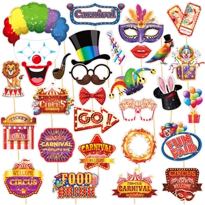 Set of 25 carnival photo booth props with circus masks and colorful party accessories