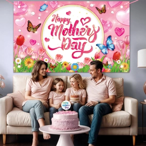 Family scene with pink Happy Mother's Day backdrop featuring tulips and heart balloons