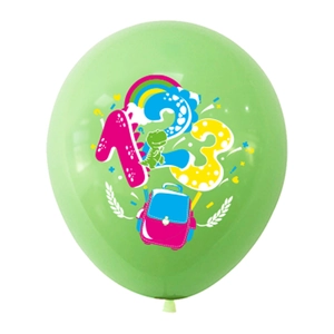 Detail of light green balloon with colorful dinosaur, rainbow, and schoolbag cartoon prints