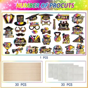 DIY graduation photo booth props kit with 30 cardstock cutouts, sticks and adhesive glue