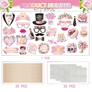 31-piece wedding photo booth prop kit with floral designs in pink and purple tones