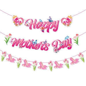 Pink Happy Mother's Day glitter banner set with tulip and high heel heart charms