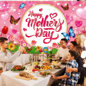 Pink Happy Mother's Day floral backdrop with tulips and hearts for party decoration