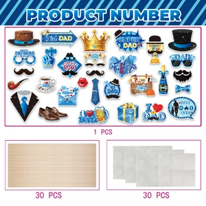 Detailed set of 30 Father's Day photo booth props including hats, ties, and sticks