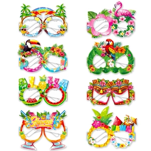 Set di 8 occhiali da festa hawaiani in carta con fenicotteri, ananas e maschere Tiki