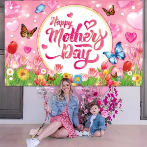 Pink Happy Mother's Day party backdrop featuring tulips, butterflies and hearts