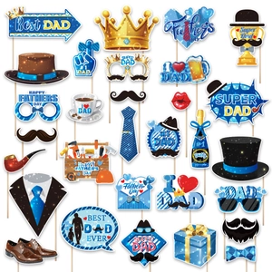 25Pcs Father's Day party photo booth props with crown, mustache and Best Dad signs