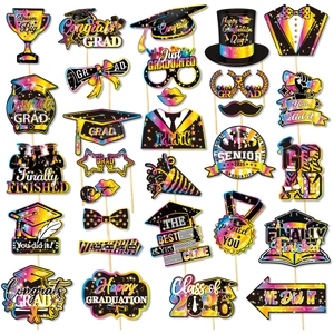 25-piece Class of 2026 graduation photo booth props with rainbow glitter design