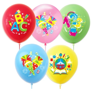 Detailed view of colorful 5-piece latex school balloons with ABC 123 patterns and icons