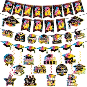 Congrats Grad Banner Class Of 2026 Graduation Decorations Rainbow Hanging Swirls Spiral Ceiling Decor For Graduation Party