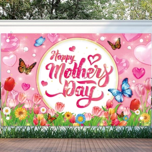 Pink Mother's Day floral backdrop with tulips, daisies and Happy Mother's Day text