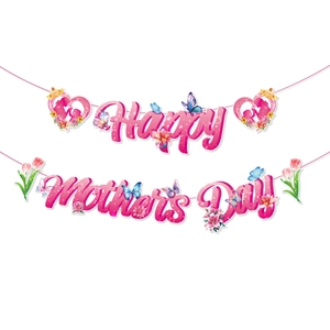 Détail de la bannière Happy Mother's Day avec motifs floraux et silhouettes de cœurs