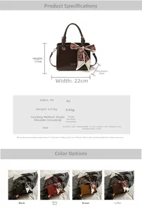 Detailed chart showing PU leather handbag dimensions, weight specifications and four color options