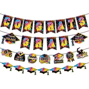 Rainbow 2026 Congrats Grad banner and spiral hanging decorations for graduation party decor