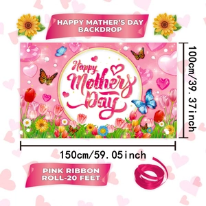 Pink Mother's Day floral backdrop 150x100cm with Happy Mother's Day text and ribbon