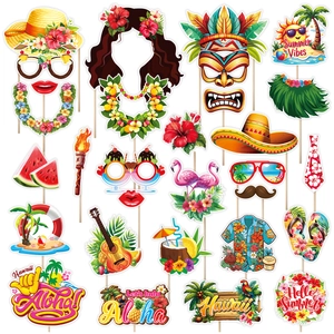 Accessoires de Cabine Photo de Fête Hawaïenne Tropicale Luau Décorations de Plage Masque en Carton Blanc Lunettes Accessoires Fête
