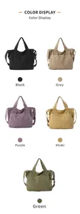 Multiple color options for the canvas tote bag showing black, grey, purple, khaki and green