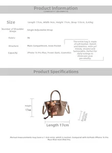 Detailed size specifications for the lychee pattern bucket bag with bear pendant