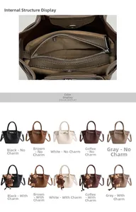 Detailed interior of litchi grain bucket bag with metallic zipper and color options