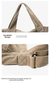 Detail of durable canvas tote showing reinforced stitching and adjustable strap connector
